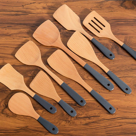 Beech Wood Kitchen Utensil Set – 3-Piece or 5-Piece Wooden Cooking Tools, Black Handle Spatula, Spoon & Ladle Set