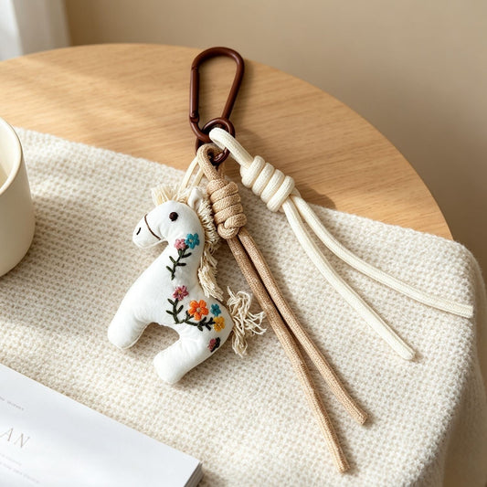 Vintage Horse Bag Charm – Cotton Linen Pony Pendant, Embroidered Animal Keychain for Backpack & Purse