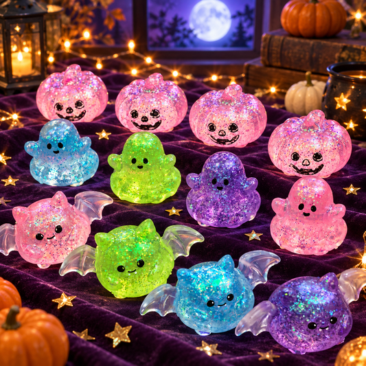 Halloween Squishy Toys – Glitter Ghost Pumpkin Bat Slow Rising Sensory Fidget Toys in Display Box for Kids Party Favors & Gifts