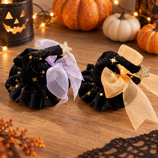 Halloween Witch Hat Hair Scrunchie with Sheer Bow